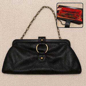 Vintage Y2K Nine West Black Faux Leather Clutch with Chain Colorful Lining